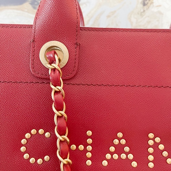 Sold! Chanel Medium Deauville Caviar Studded Red Leather Tote - Picture 7 of 15